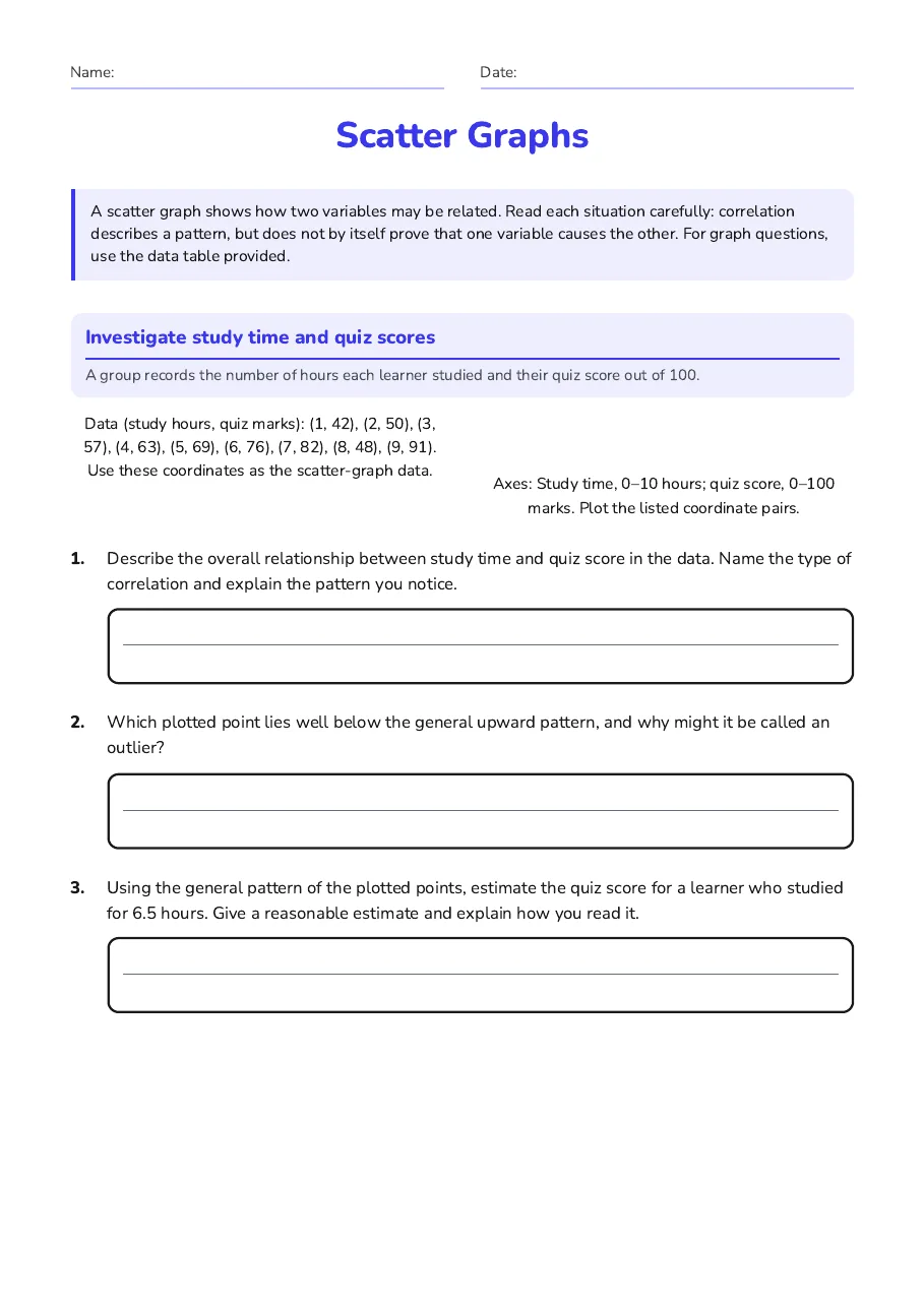 Scatter Graphs, page 1 of 3: Investigate study time and quiz scores