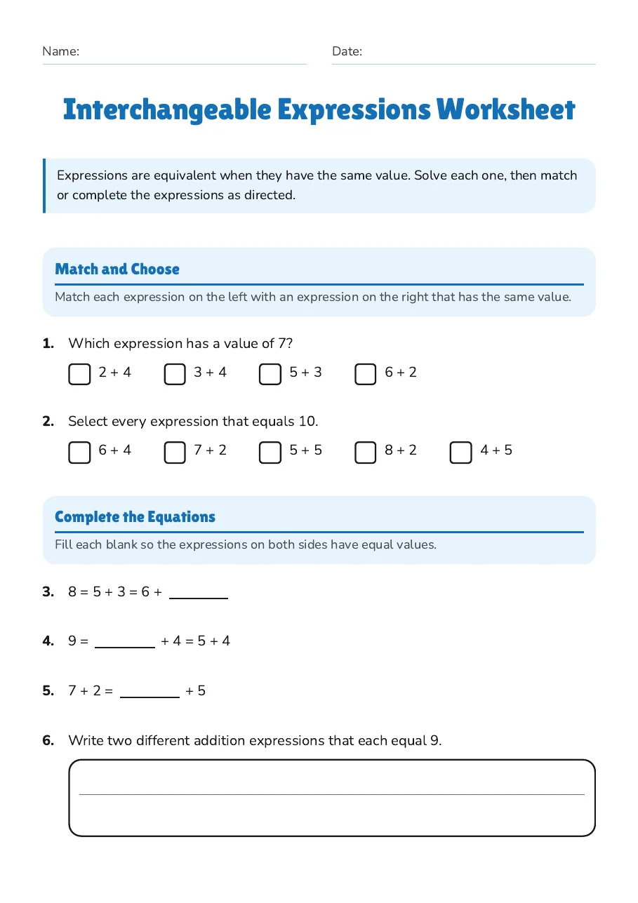Interchangeable Expressions Worksheet, page 1 of 2: Match and Choose, Complete the Equations