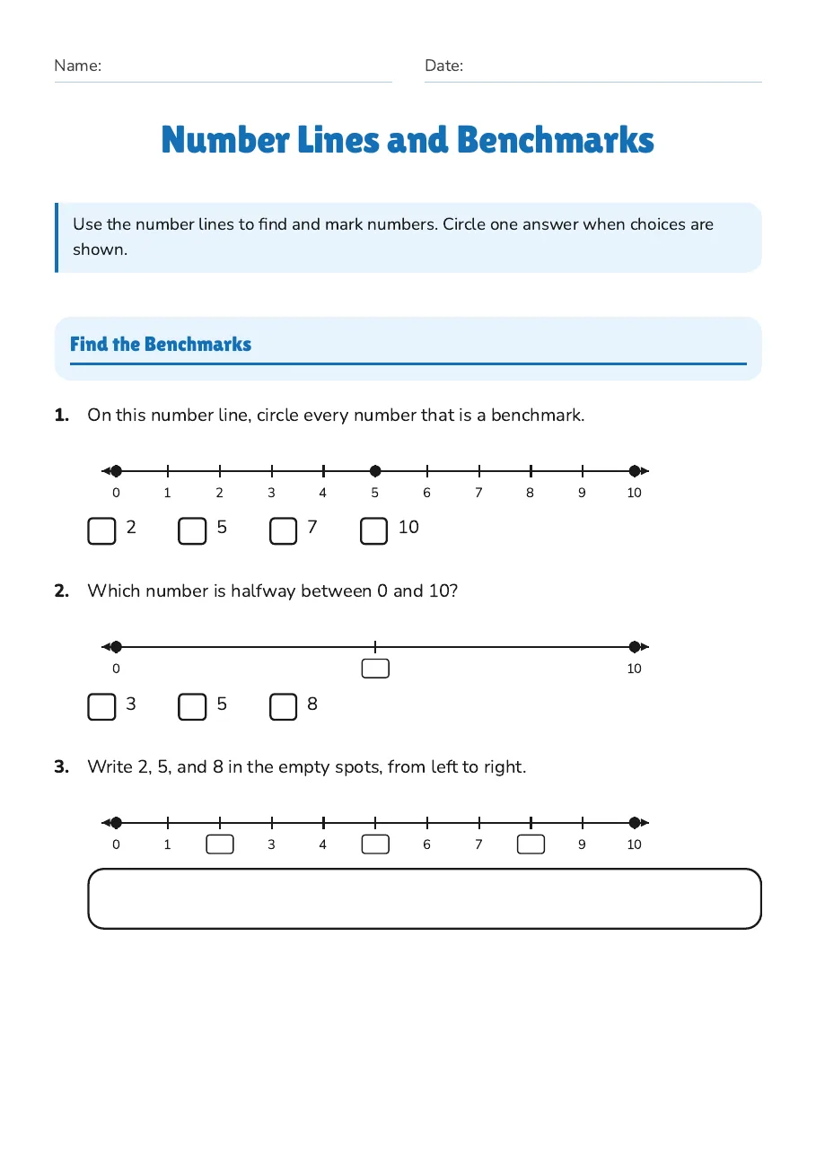 Number Lines and Benchmarks, page 1 of 3: Find the Benchmarks