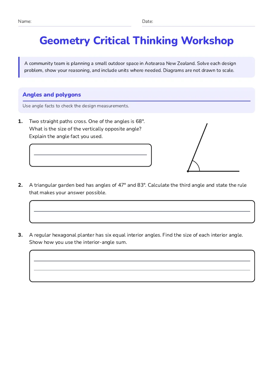 Geometry Critical Thinking Workshop, page 1 of 3: Angles and polygons