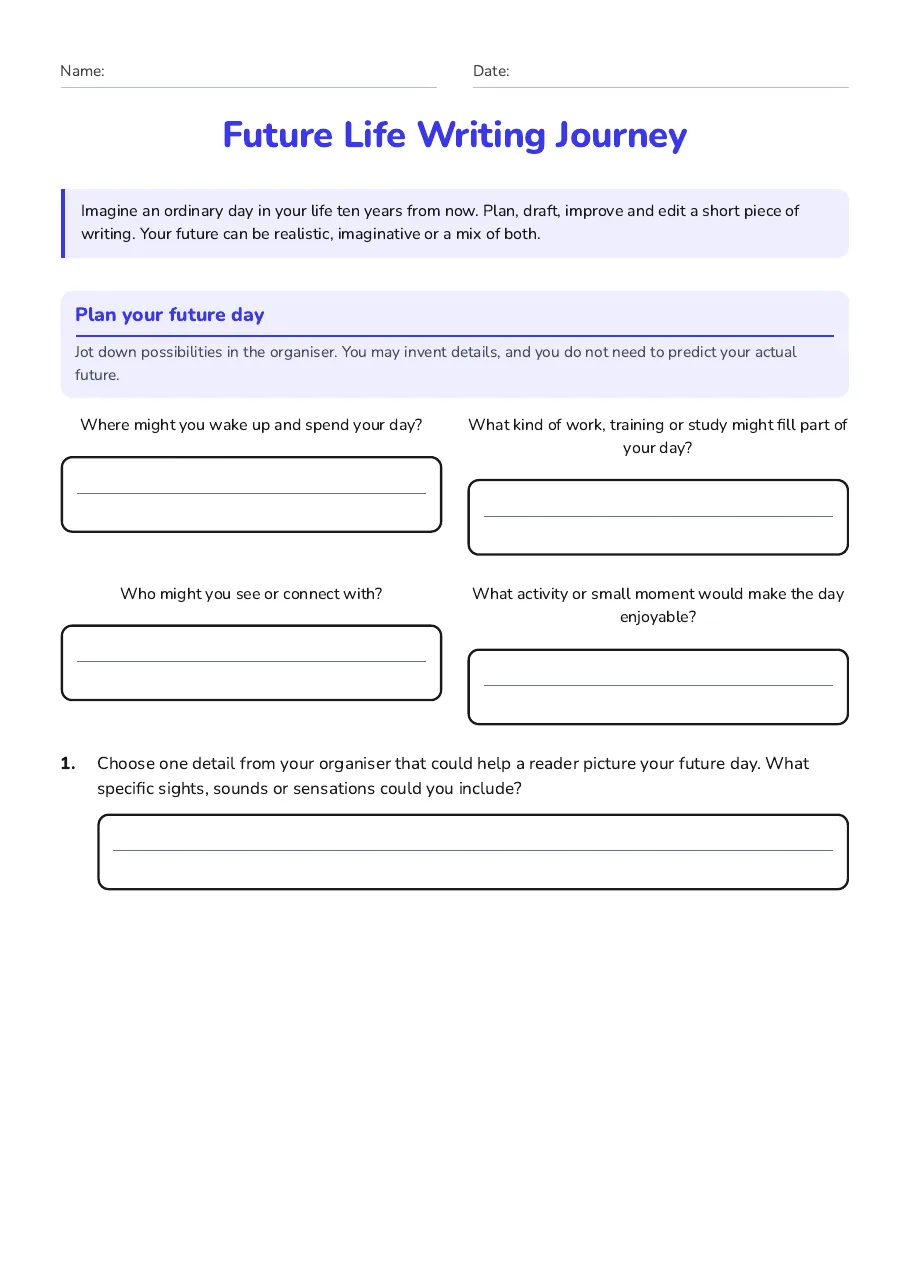Future Life Writing Journey, page 1 of 3: Plan your future day