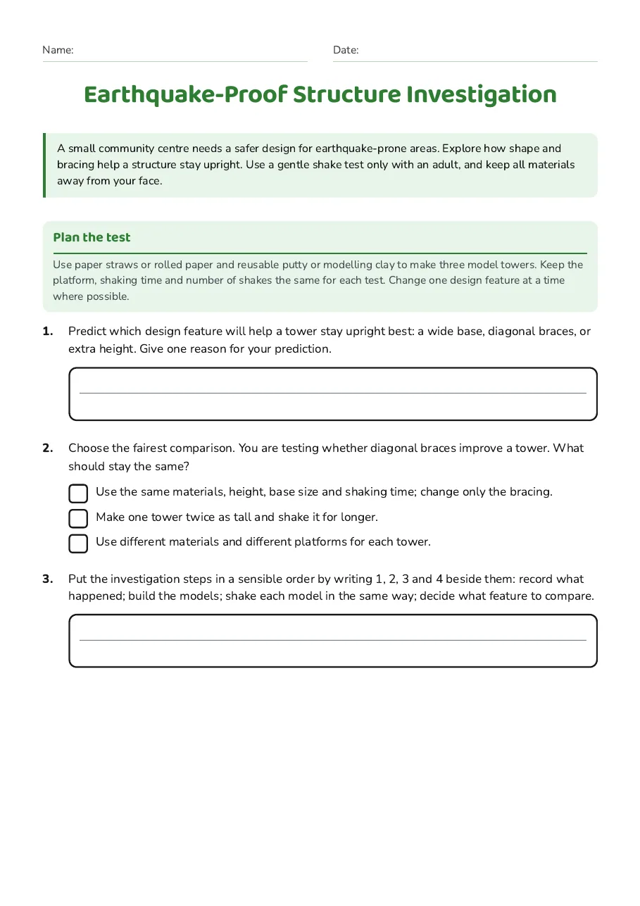 Earthquake-Proof Structure Investigation, page 1 of 3: Plan the test