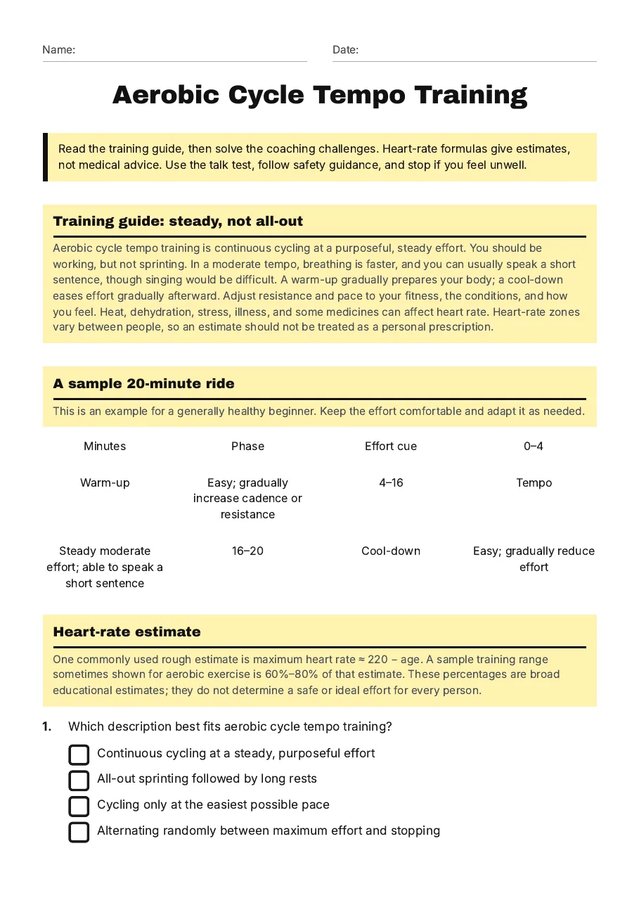 Aerobic Cycle Tempo Training, page 1 of 3: Training guide: steady, not all-out, A sample 20-minute ride, Heart-rate estimate