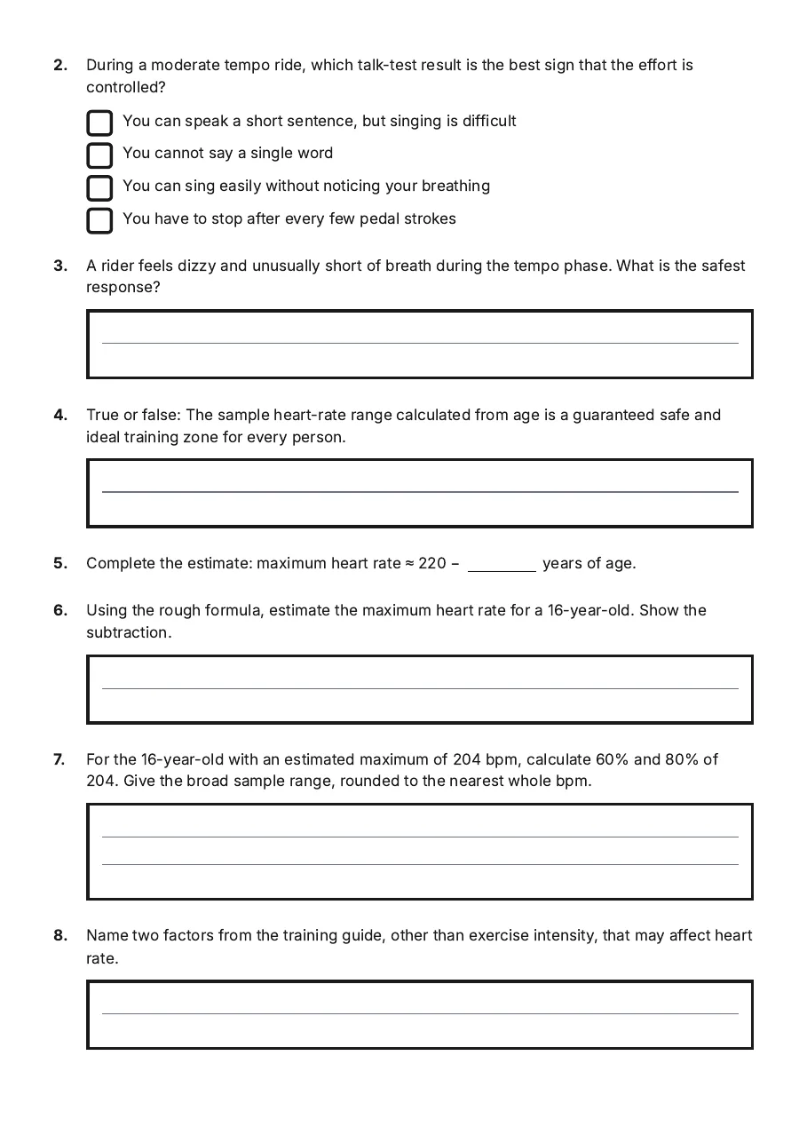 Aerobic Cycle Tempo Training, page 2 of 3: 2. During a moderate tempo ride, which talk-test result is the best sign that the effort…