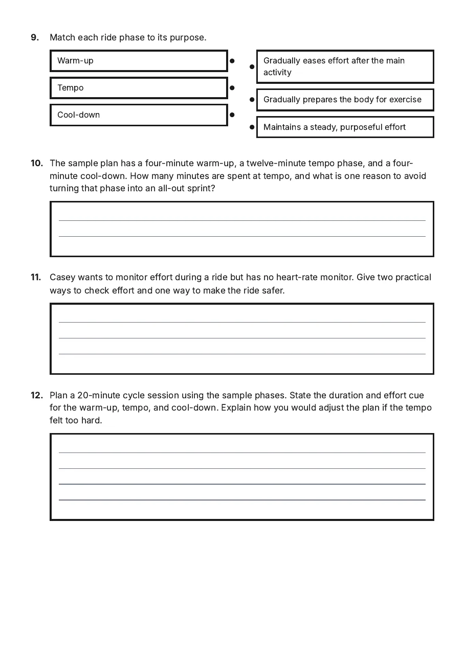 Aerobic Cycle Tempo Training, page 3 of 3: 9. Match each ride phase to its purpose.