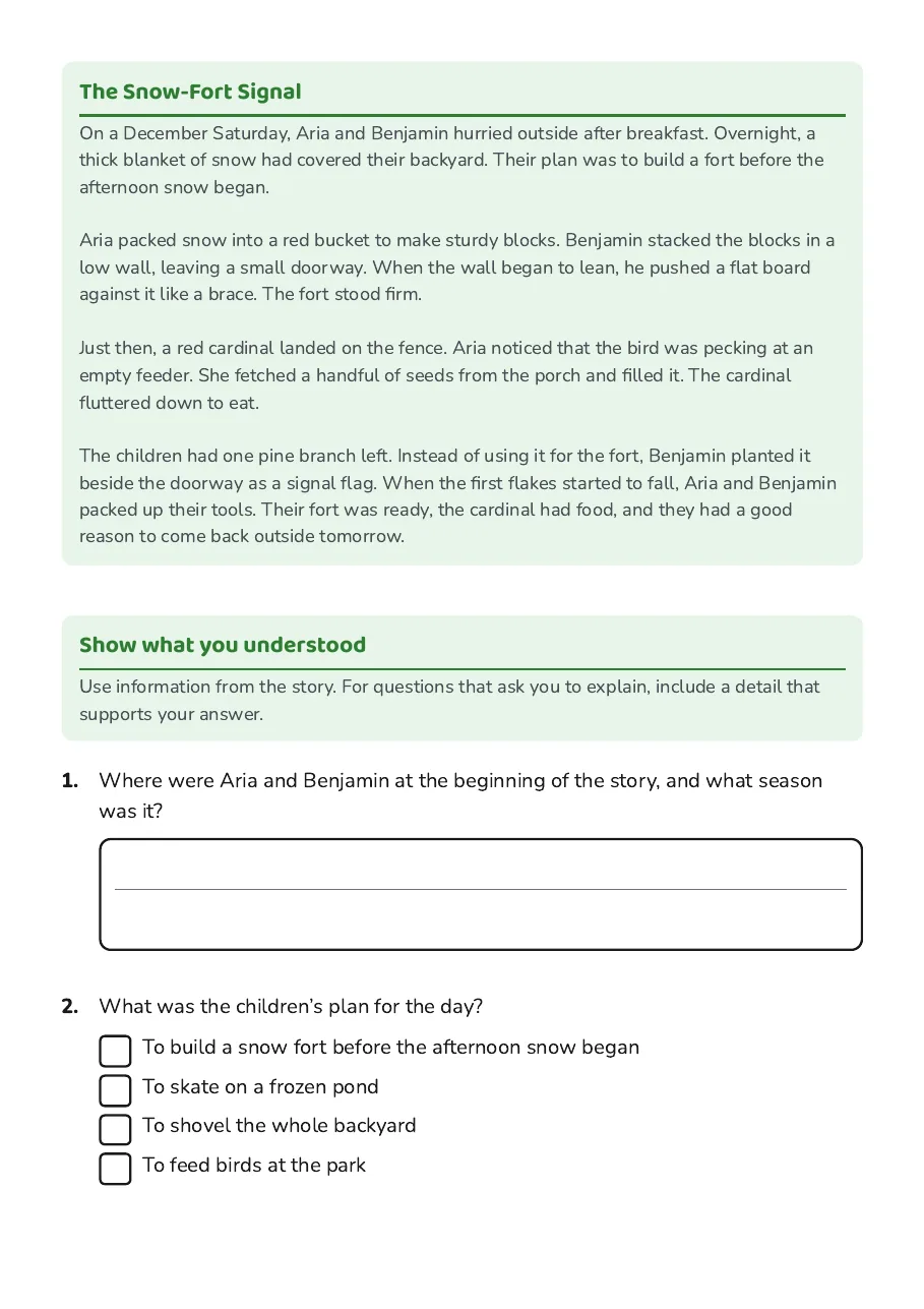 December Reading Comprehension, page 2 of 4: The Snow-Fort Signal, Show what you understood
