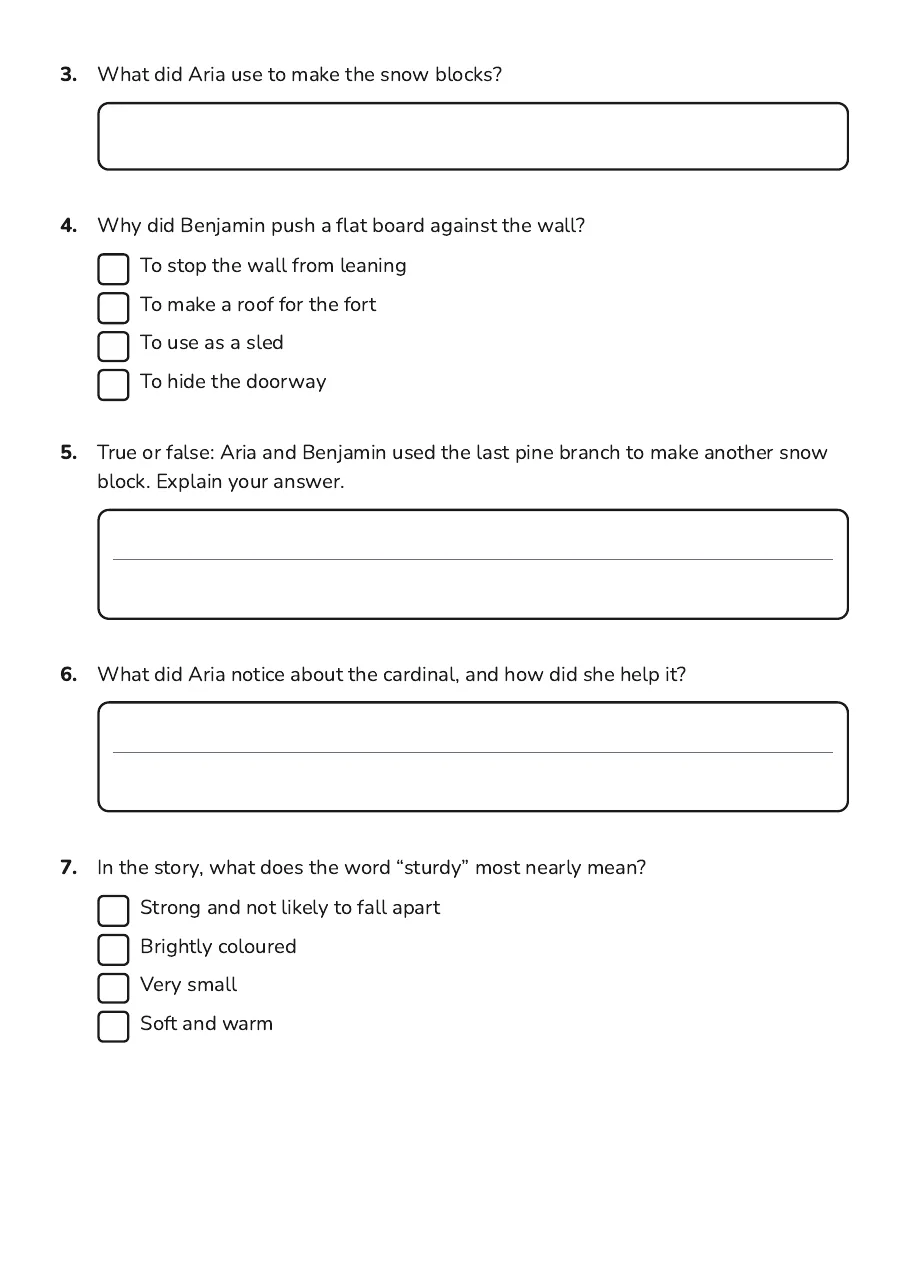 December Reading Comprehension, page 3 of 4: 3. What did Aria use to make the snow blocks?