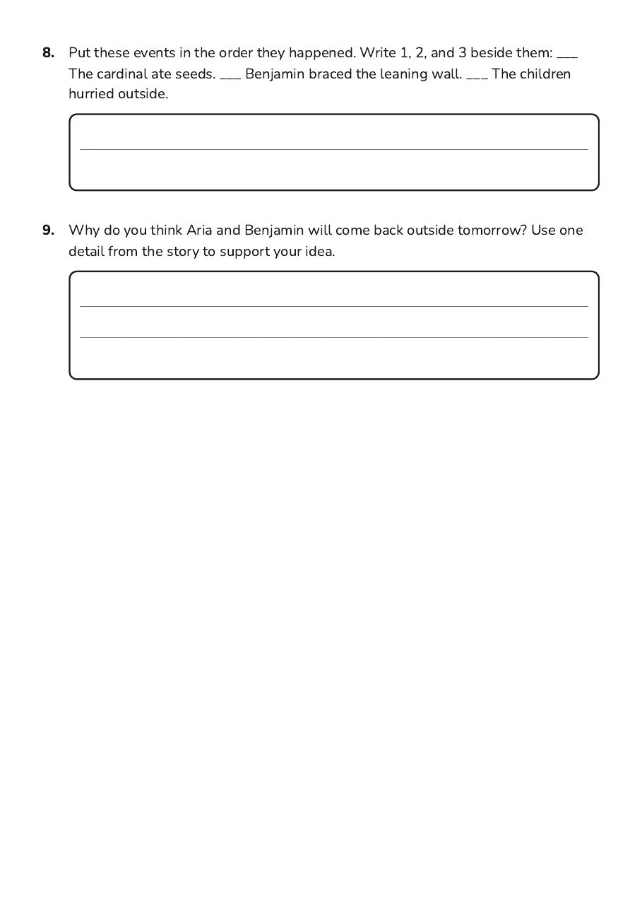 December Reading Comprehension, page 4 of 4: 8. Put these events in the order they happened. Write 1, 2, and 3 beside them: ___
