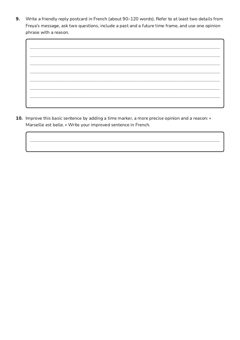 Creative Postcard Exchange, page 3 of 3: 9. Write a friendly reply postcard in French (about 90–120 words). Refer to at least two…