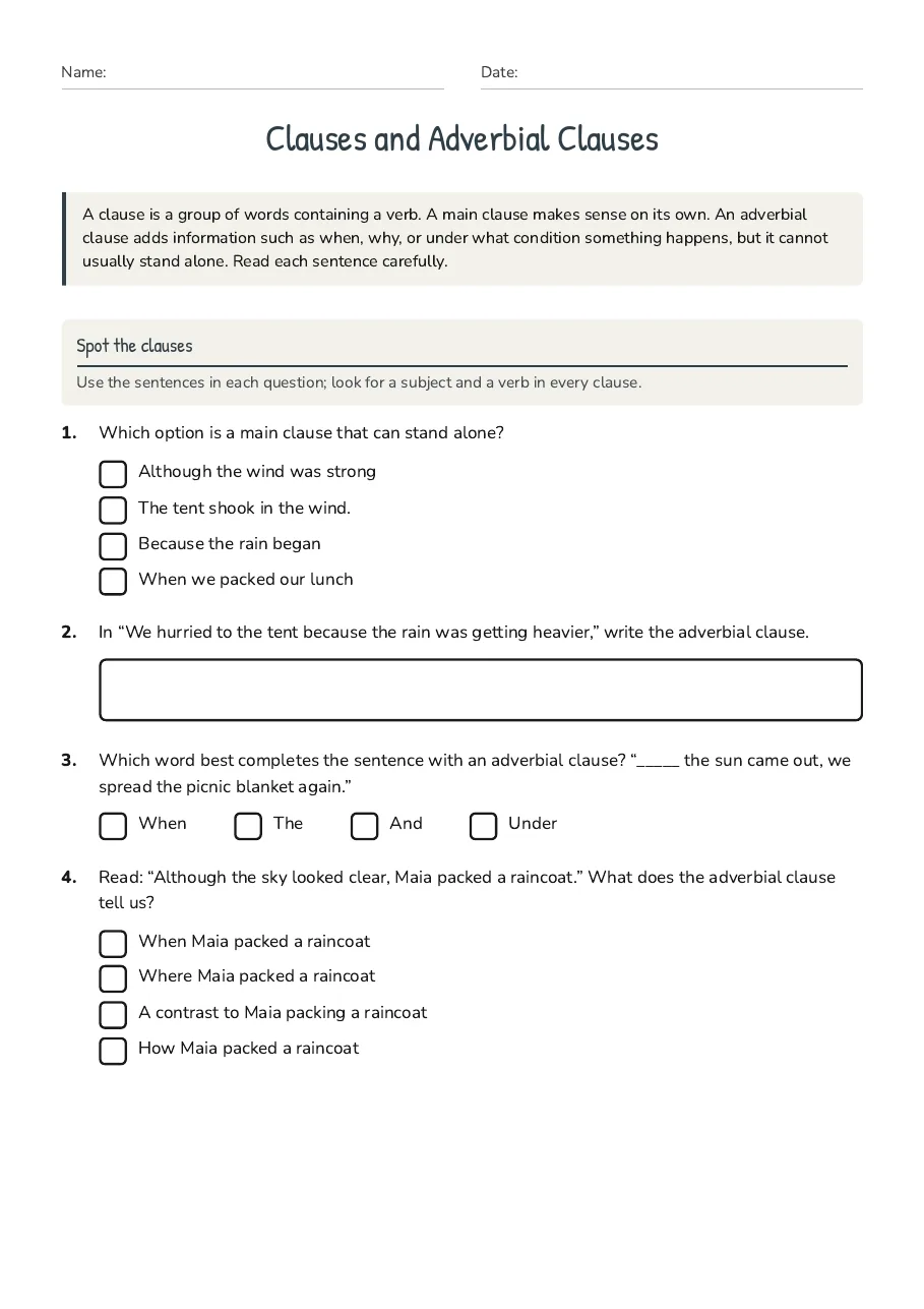 Clauses and Adverbial Clauses, page 1 of 3: Spot the clauses