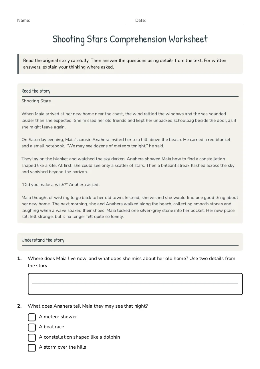Shooting Stars Comprehension Worksheet, page 1 of 3: Read the story, Understand the story