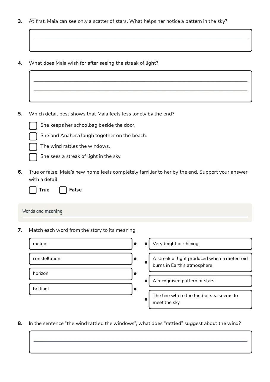 Shooting Stars Comprehension Worksheet, page 2 of 3: Words and meaning
