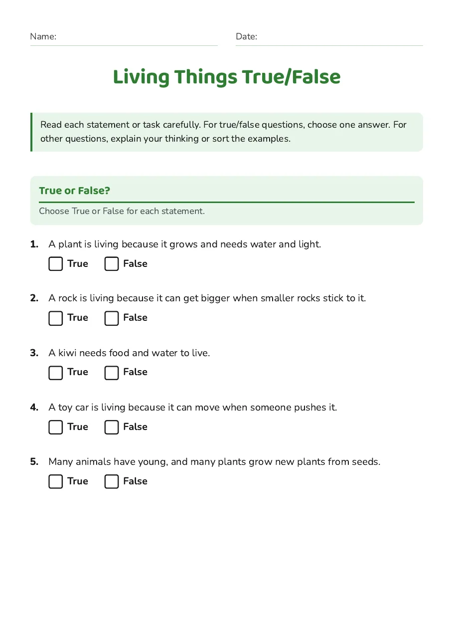 Living Things True/False worksheet with field notes, photographs of a mānuka plant, tūī and earthworm, true-or-false questions, science detective activities and a drawing task.
