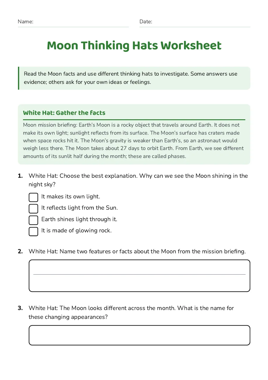 Moon Thinking Hats Worksheet, page 1 of 4: White Hat: Gather the facts