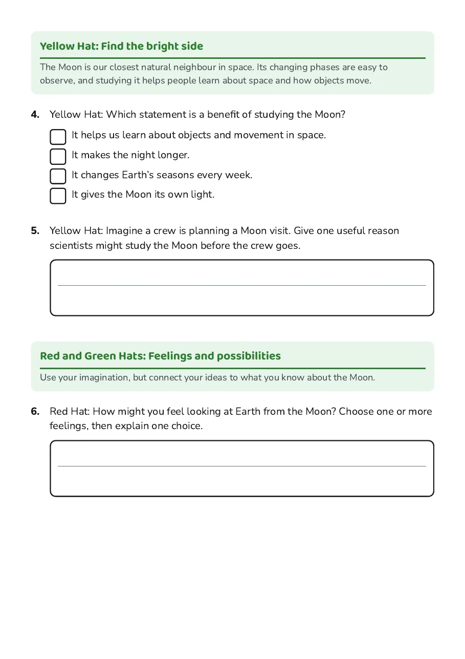 Moon Thinking Hats Worksheet, page 2 of 4: Yellow Hat: Find the bright side, Red and Green Hats: Feelings and possibilities