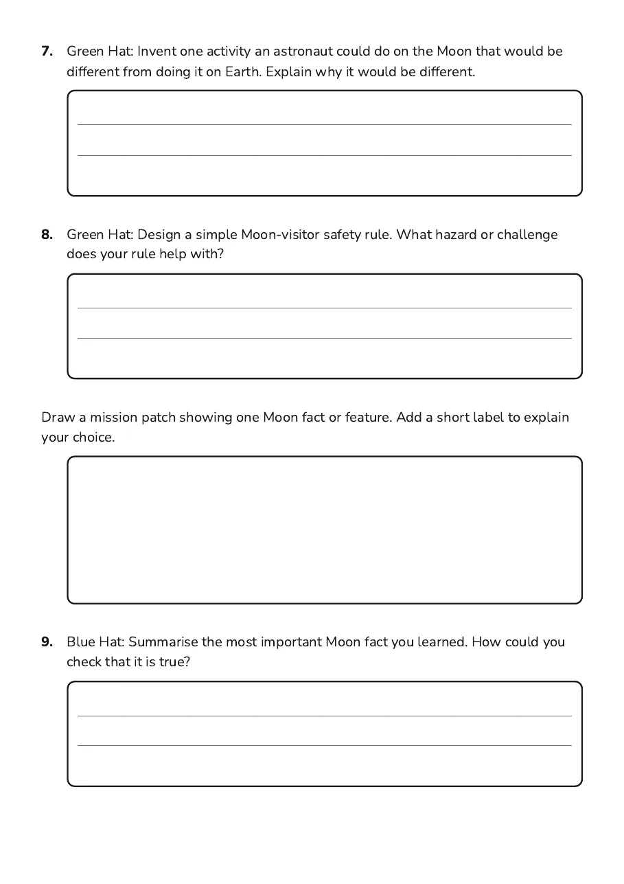 Moon Thinking Hats Worksheet, page 3 of 4: 7. Green Hat: Invent one activity an astronaut could do on the Moon that would be