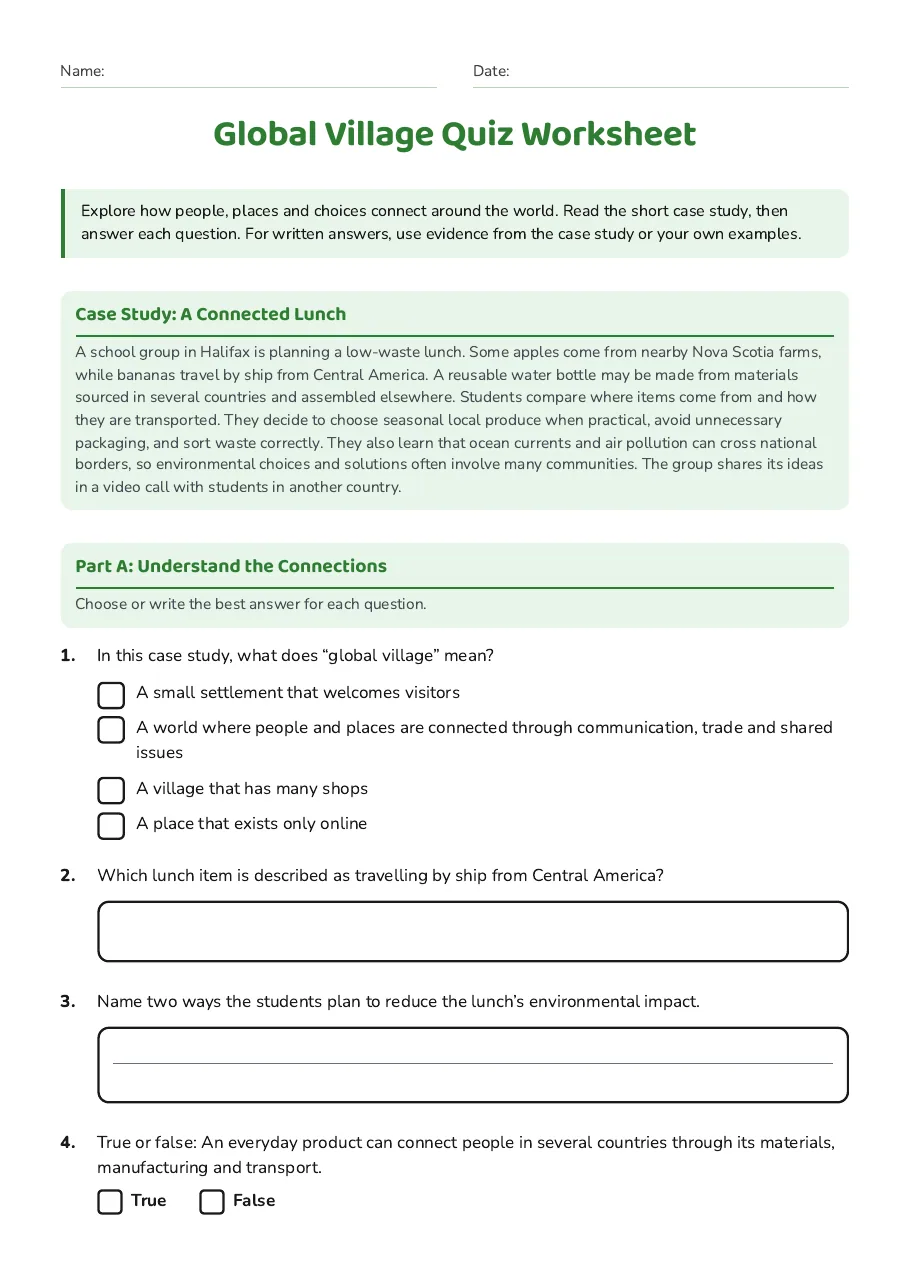 Global Village Quiz Worksheet, page 1 of 3: Case Study: A Connected Lunch, Part A: Understand the Connections