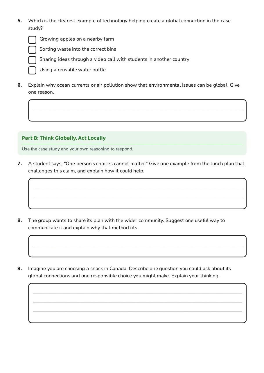 Global Village Quiz Worksheet, page 2 of 3: Part B: Think Globally, Act Locally