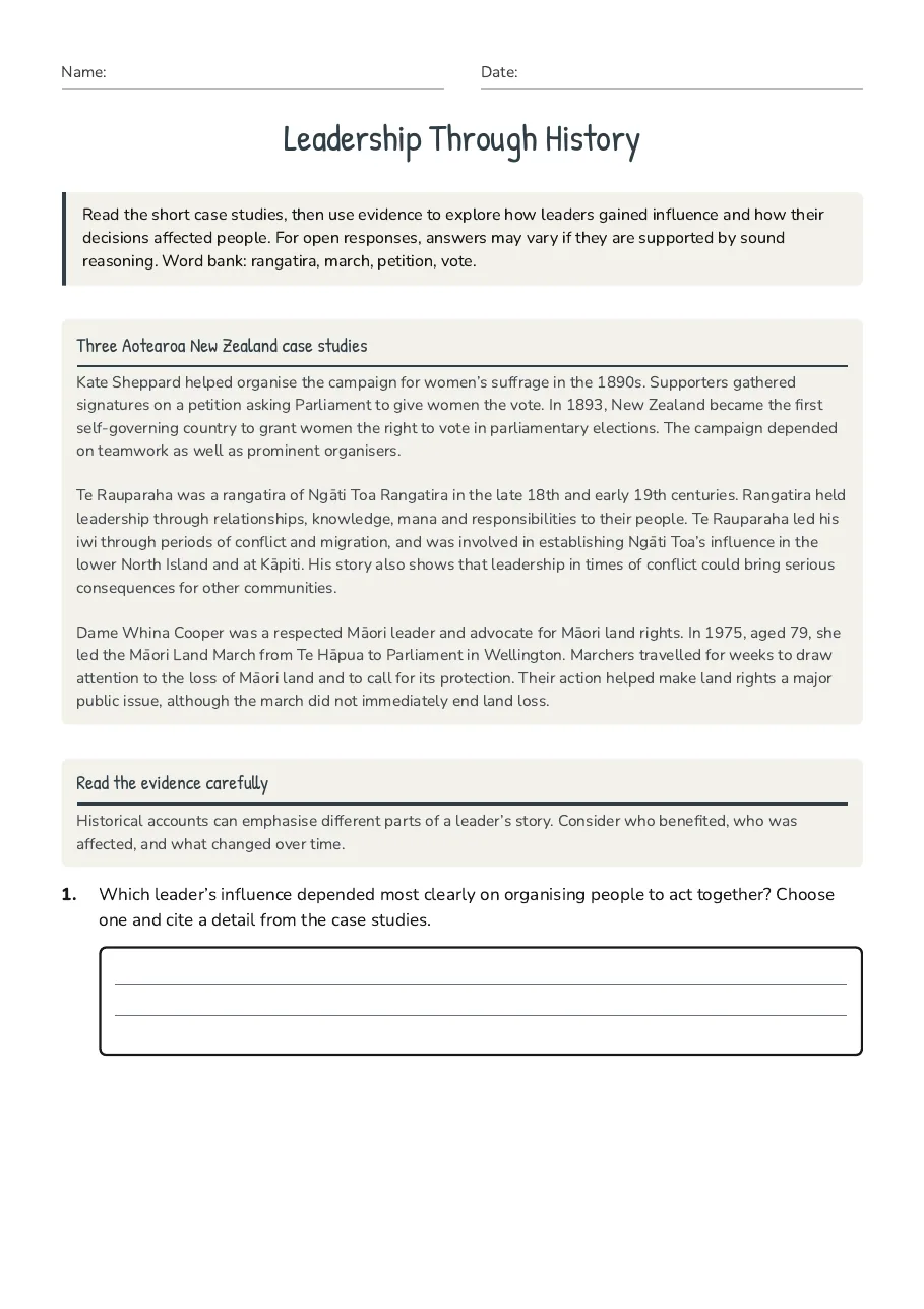 Leadership Through History, page 1 of 3: Three Aotearoa New Zealand case studies, Read the evidence carefully