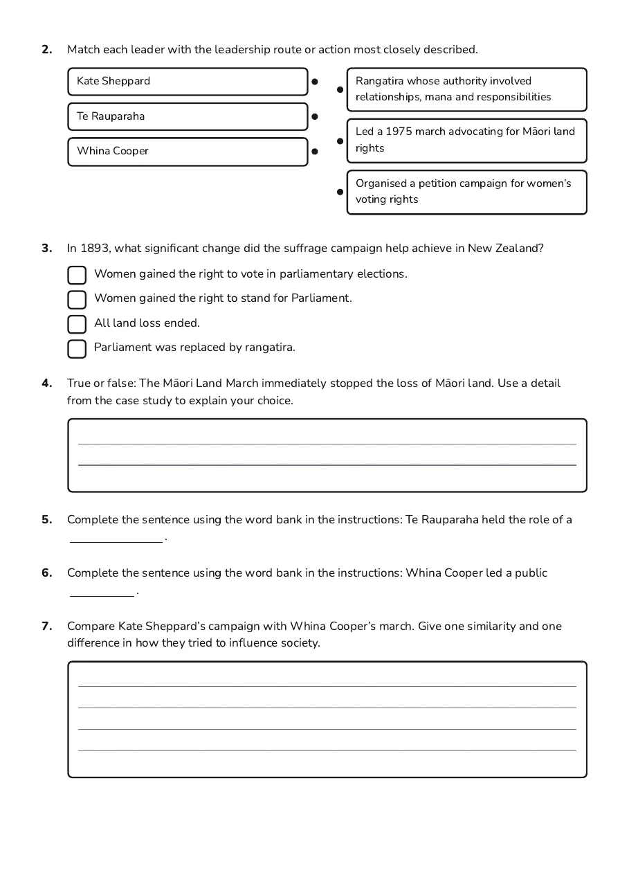 Leadership Through History, page 2 of 3: 2. Match each leader with the leadership route or action most closely described.