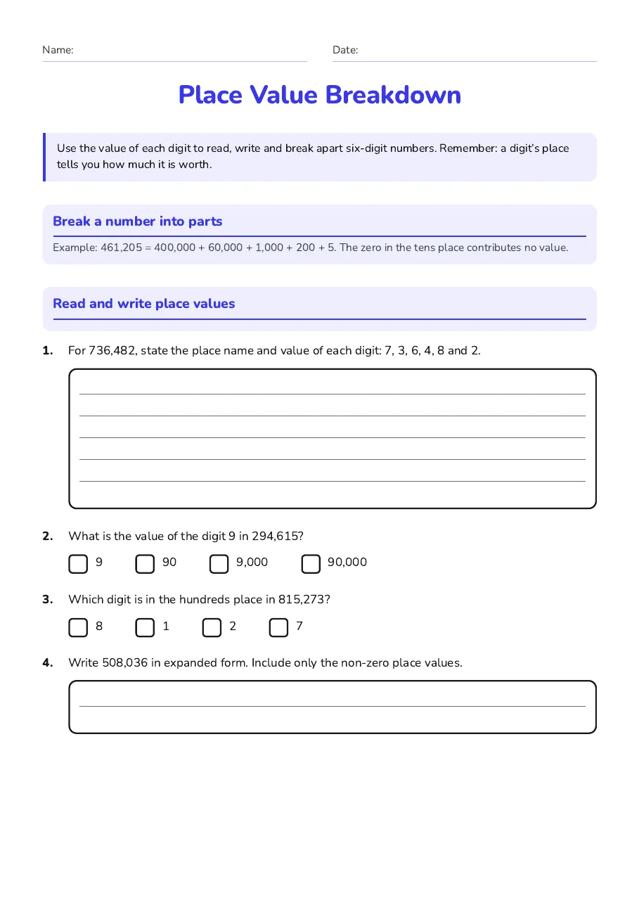 Place Value Breakdown, page 1 of 2: Break a number into parts, Read and write place values