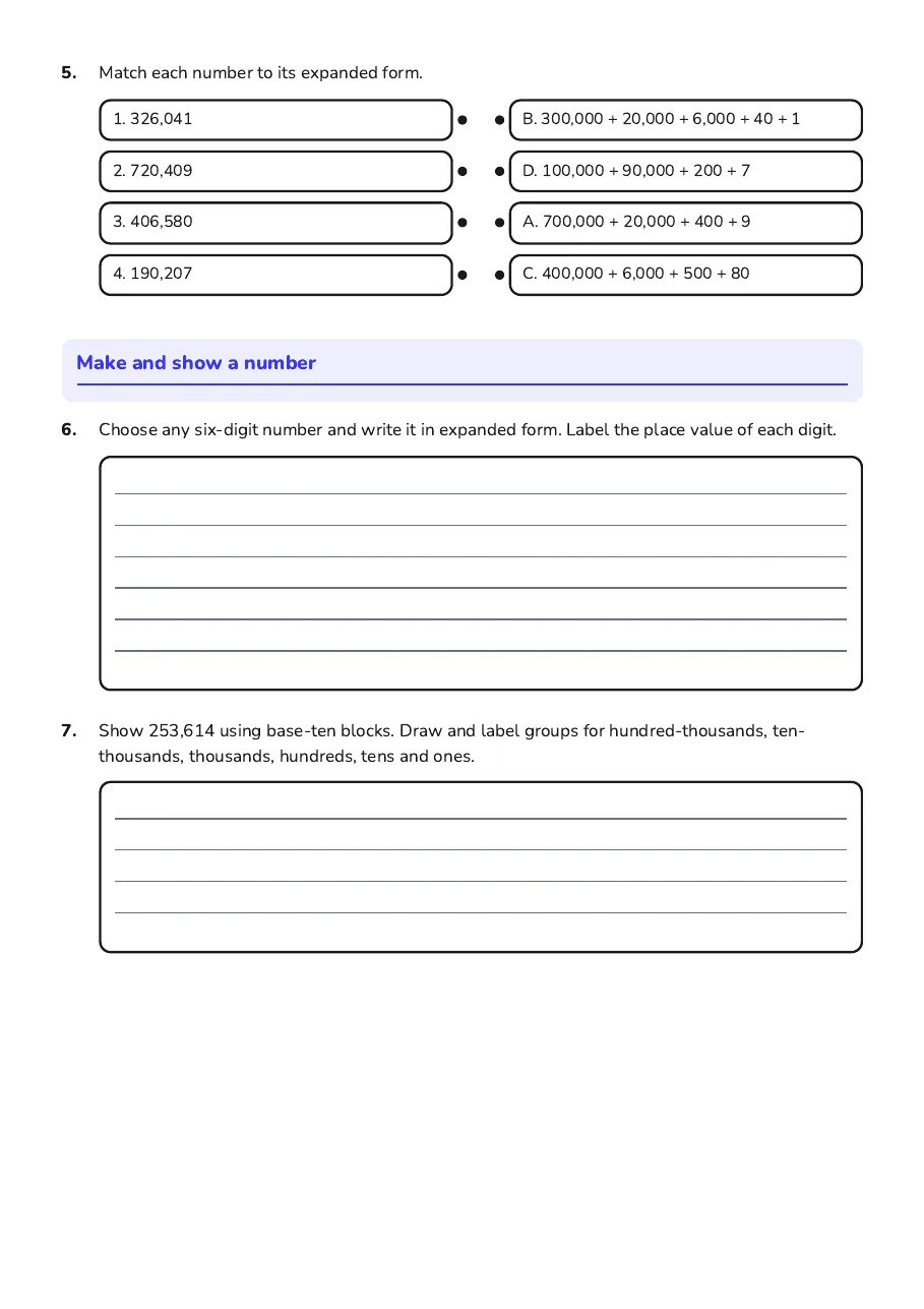 Place Value Breakdown, page 2 of 2: Make and show a number