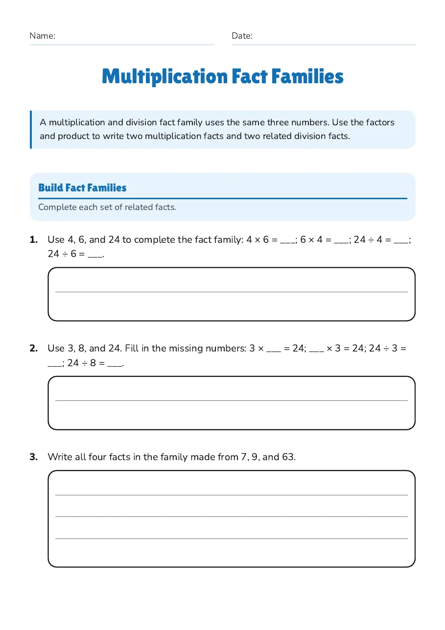 Multiplication Fact Families, page 1 of 3: Build Fact Families