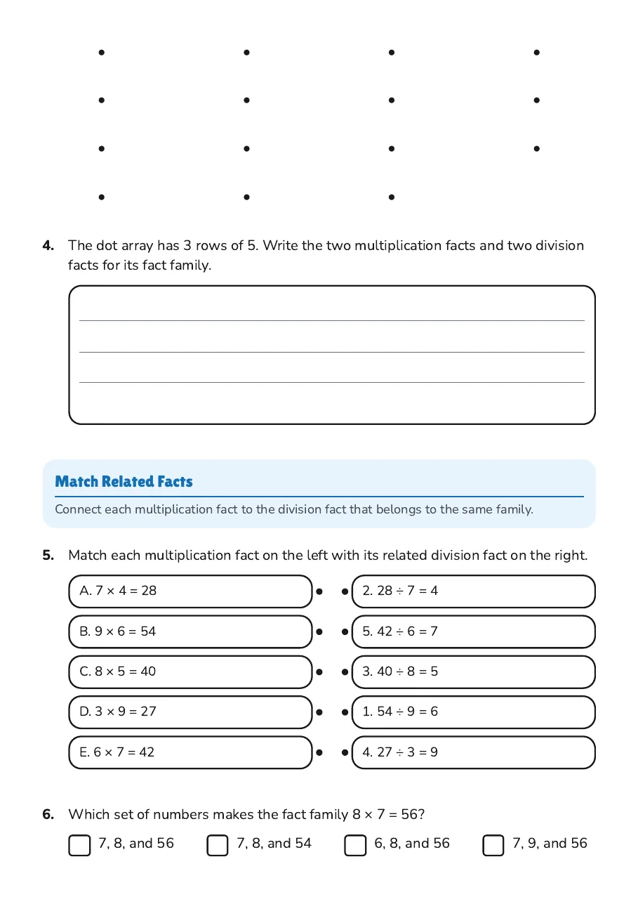 Multiplication Fact Families, page 2 of 3: Match Related Facts