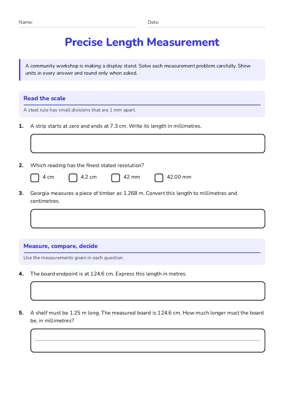 Precise length measurement worksheet covering units, tools, ruler scales, accuracy, precision and repeated measurements.