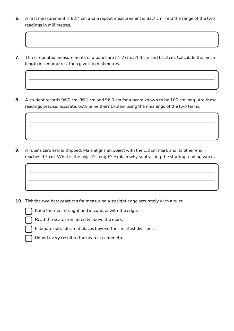 Students interpret a ruler scale and analyse measurement data from a manufacturing scenario.
