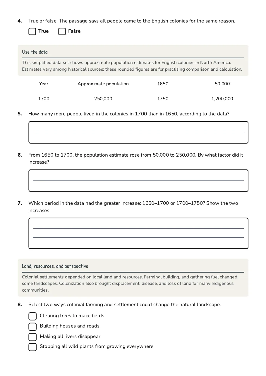 A population data table and maths questions comparing approximate English colonial population estimates.