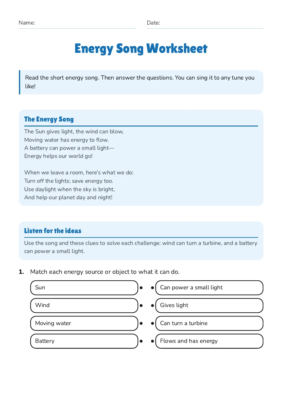 Energy Song Worksheet, page 1 of 3: The Energy Song, Listen for the ideas