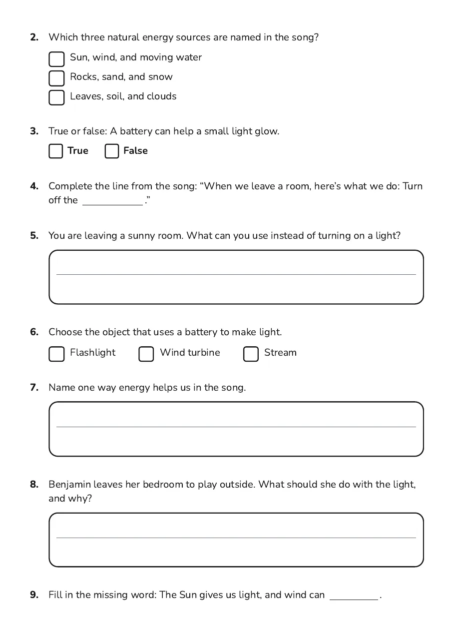 Energy Song Worksheet, page 2 of 3: 2. Which three natural energy sources are named in the song?