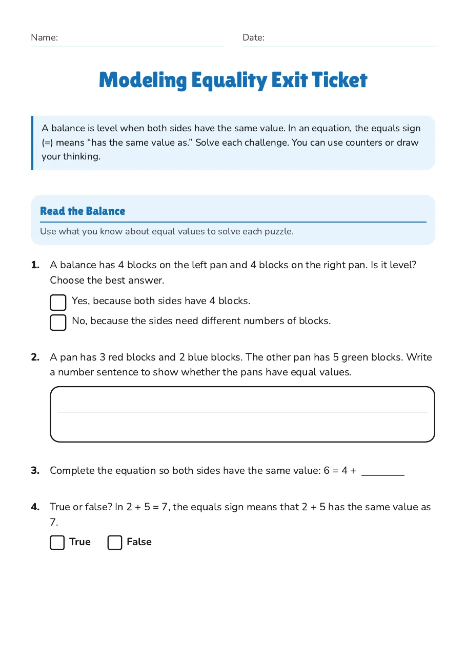 Modeling Equality Exit Ticket, page 1 of 2: Read the Balance