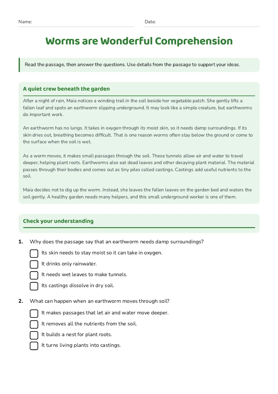 Worms are Wonderful Comprehension, page 1 of 3: A quiet crew beneath the garden, Check your understanding