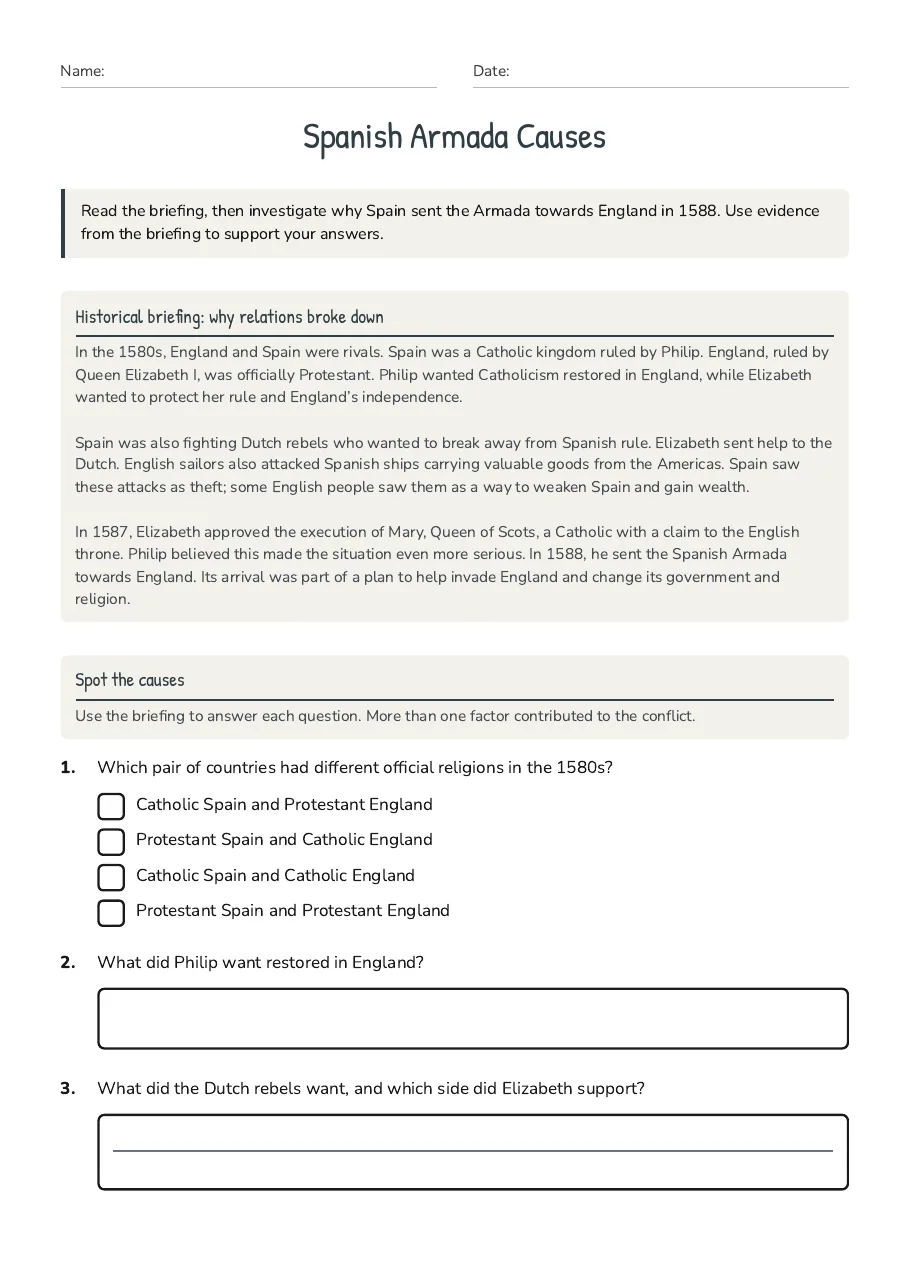 Spanish Armada Causes, page 1 of 3: Historical briefing: why relations broke down, Spot the causes