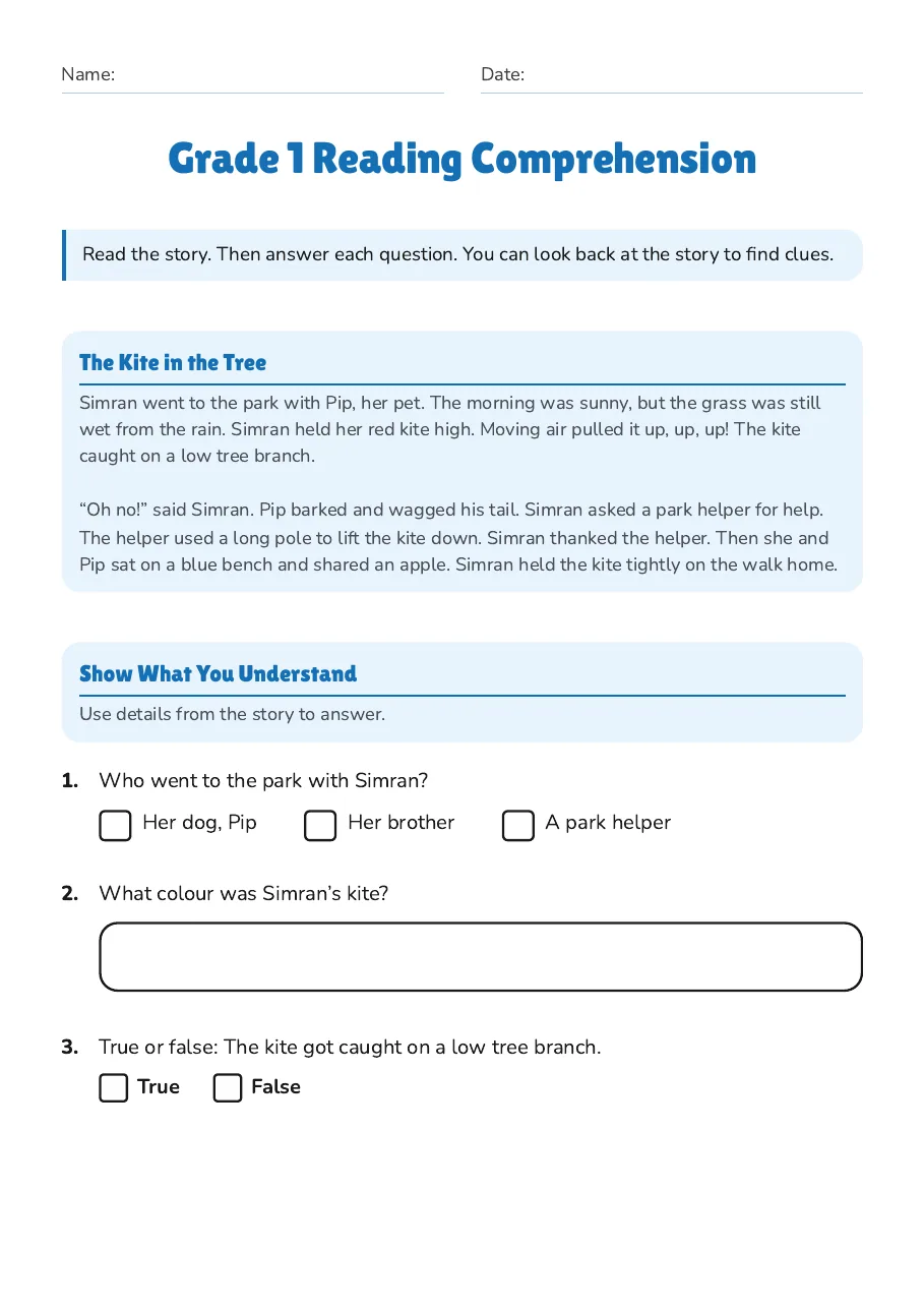 Grade 1 Reading Comprehension, page 1 of 2: The Kite in the Tree, Show What You Understand
