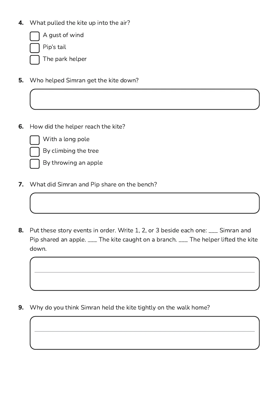Grade 1 Reading Comprehension, page 2 of 2: 4. What pulled the kite up into the air?