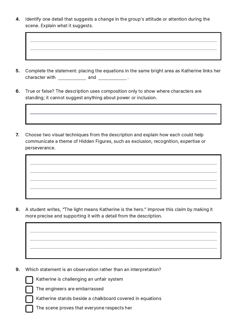 Hidden Figures Film Analysis, page 2 of 3: 4. Identify one detail that suggests a change in the group's attitude or attention during…