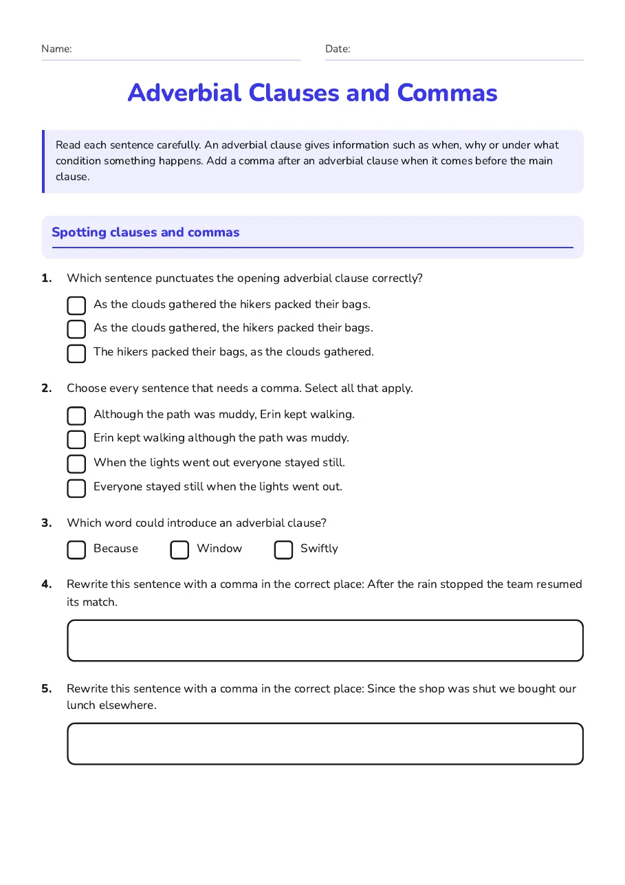 Adverbial Clauses and Commas, page 1 of 3: Spotting clauses and commas
