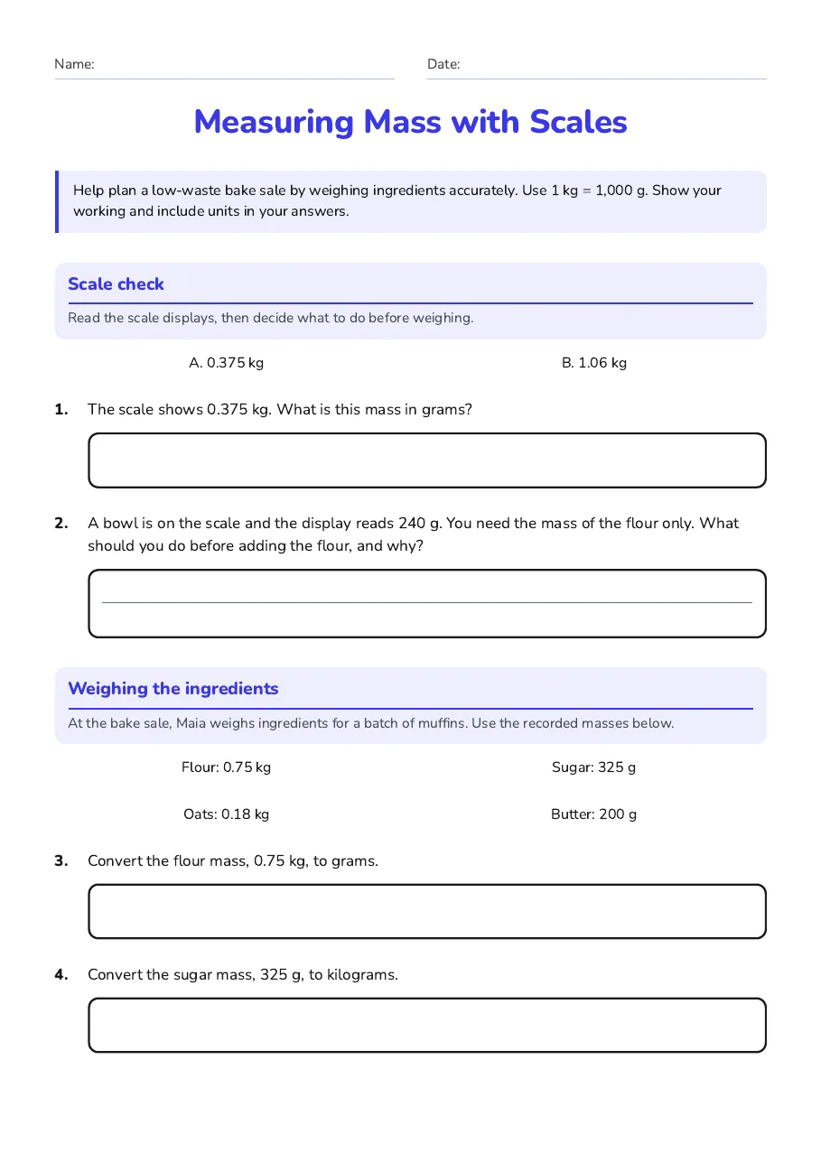 Measuring Mass with Scales, page 1 of 2: Scale check, Weighing the ingredients