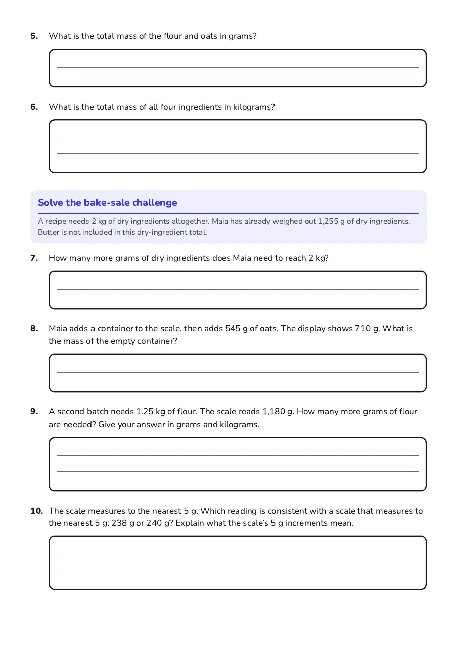 Measuring Mass with Scales, page 2 of 2: Solve the bake-sale challenge