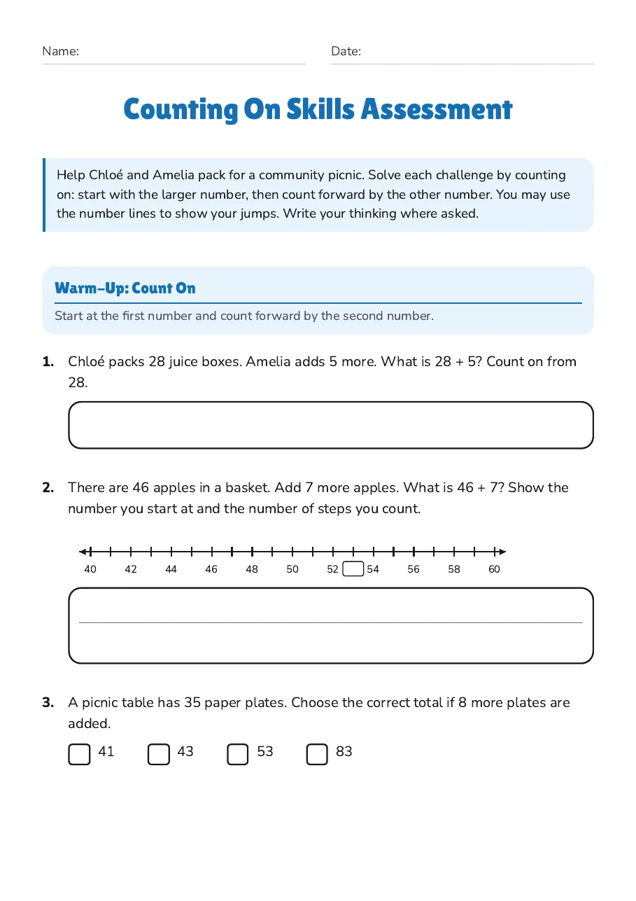 Counting On Skills Assessment, page 1 of 3: Warm-Up: Count On