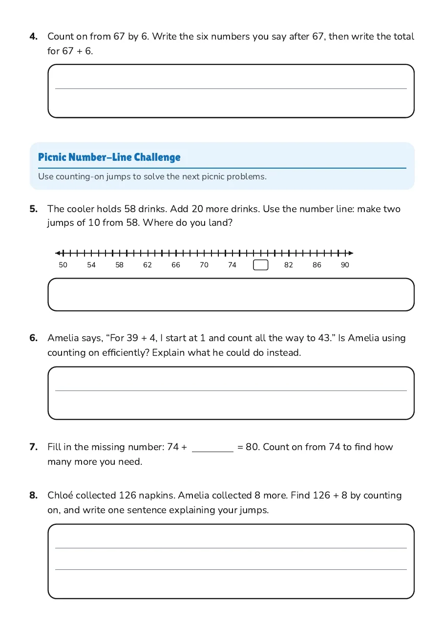 Counting On Skills Assessment, page 2 of 3: Picnic Number-Line Challenge