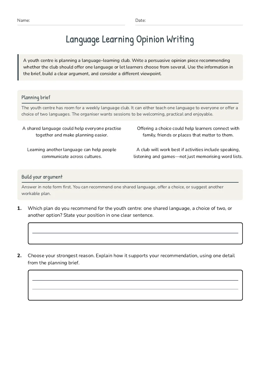 Language Learning Opinion Writing, page 1 of 3: Planning brief, Build your argument