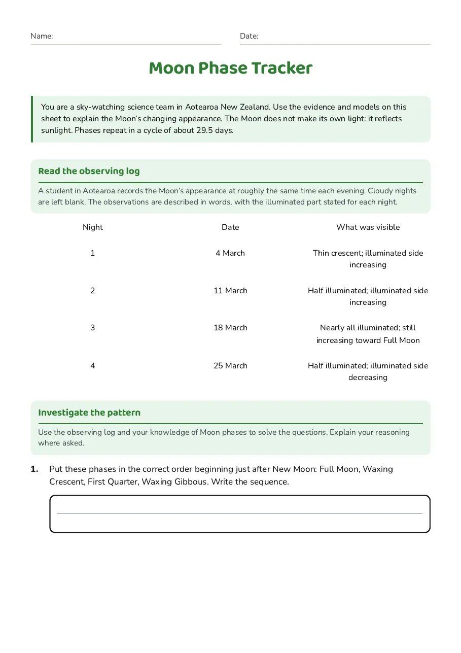 Moon Phase Tracker, page 1 of 3: Read the observing log, Investigate the pattern