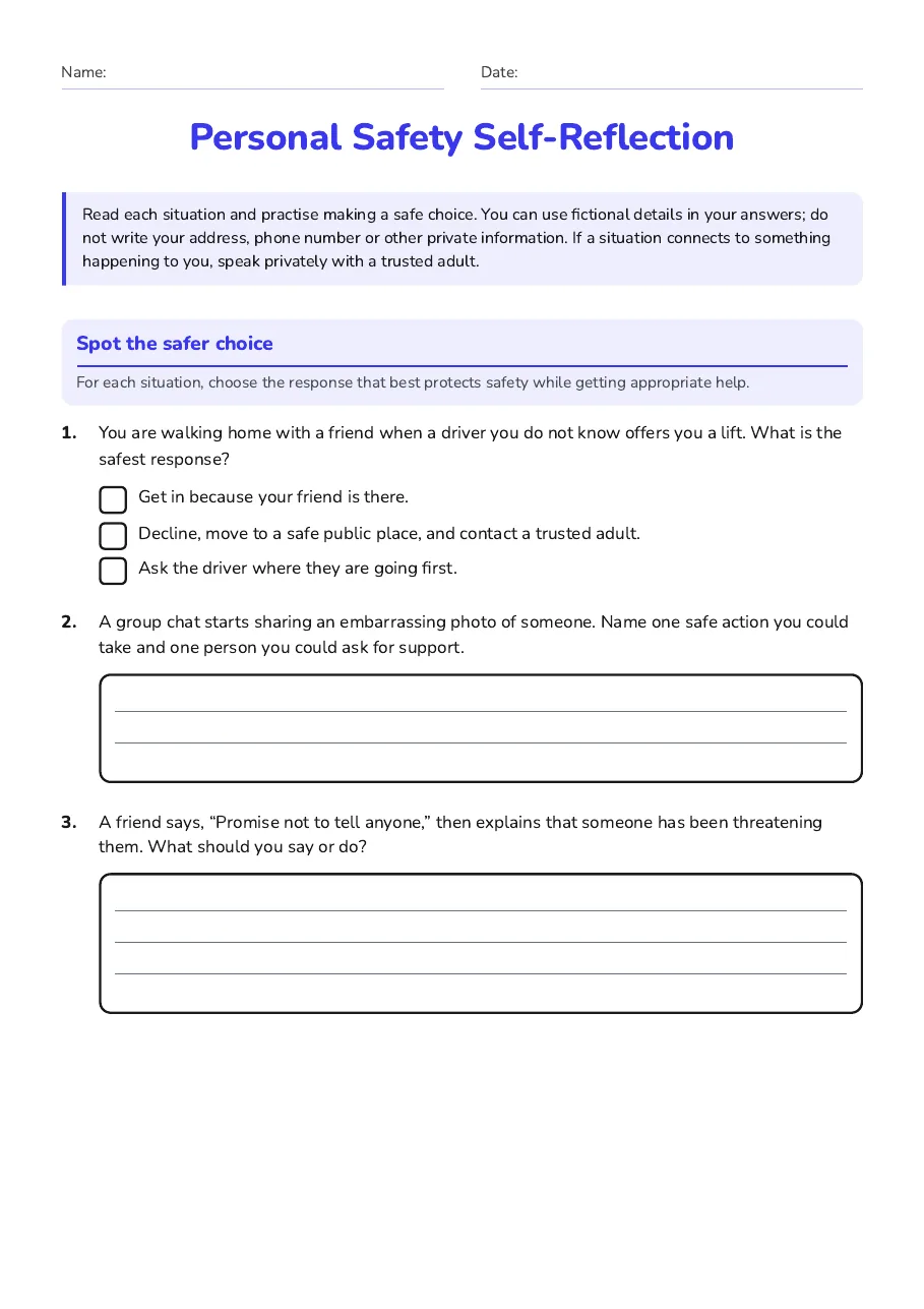 Personal Safety Self-Reflection, page 1 of 3: Spot the safer choice
