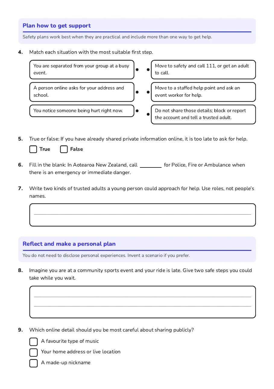 Personal Safety Self-Reflection, page 2 of 3: Plan how to get support, Reflect and make a personal plan