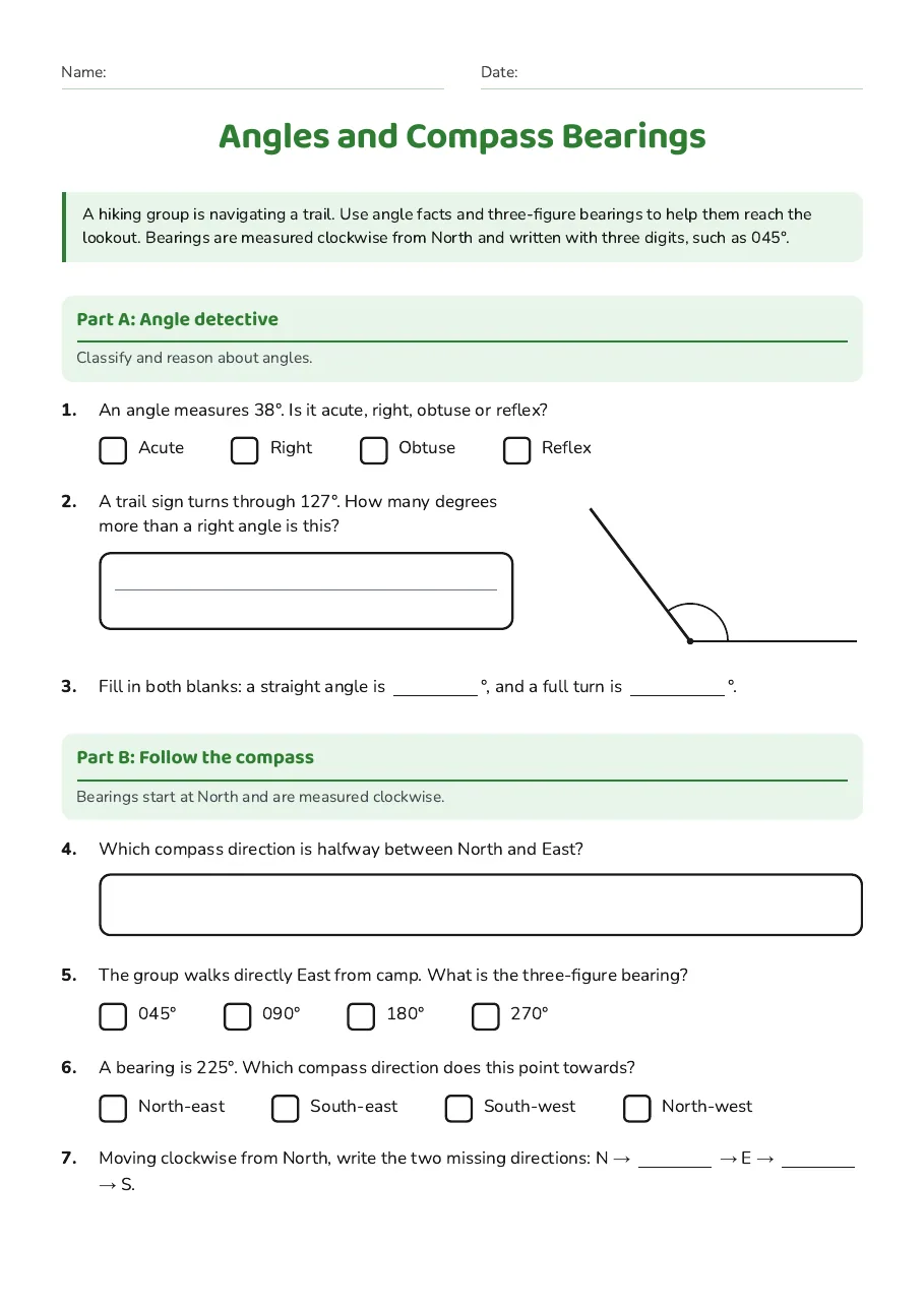Angles and Compass Bearings, page 1 of 2: Part A: Angle detective, Part B: Follow the compass