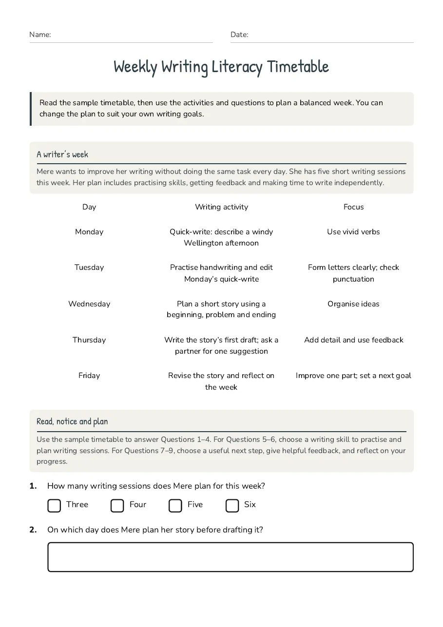 Weekly Writing Literacy Timetable, page 1 of 2: A writer’s week, Read, notice and plan
